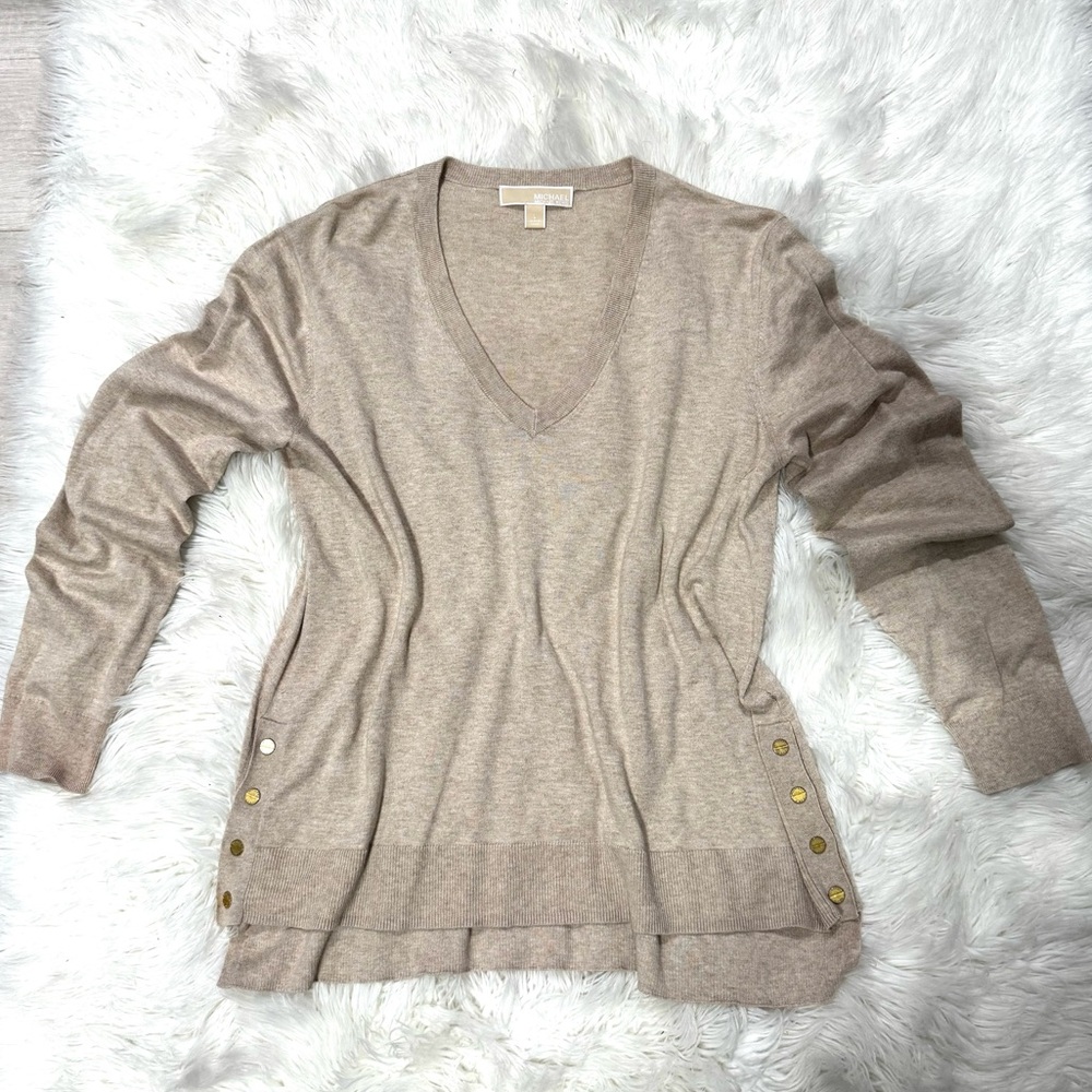 Michael Kors Tan V-Neck Sweater with Gold Button Details